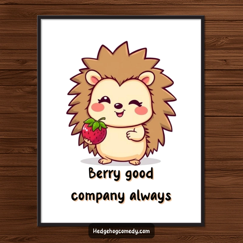 Funny free printable wall art: A smiling hedgehog character holds out a bright berry, radiating warmth and charm.