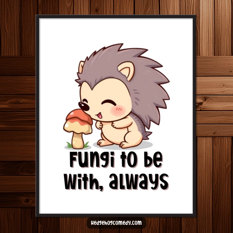 Funny Free Printable Wall Art showcasing a curious hedgehog sniffing a mushroom, adding a whimsical touch to any room.