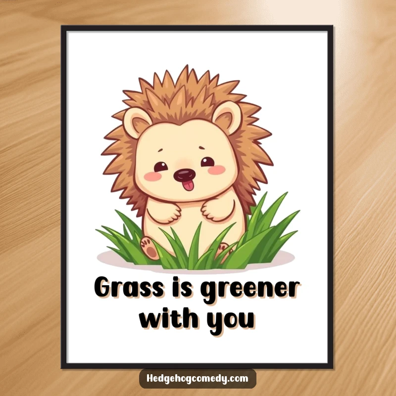 Funny Free Printable Wall Art depicting a happy hedgehog waddling through grass, bringing a sense of cheerful outdoor living indoors.
