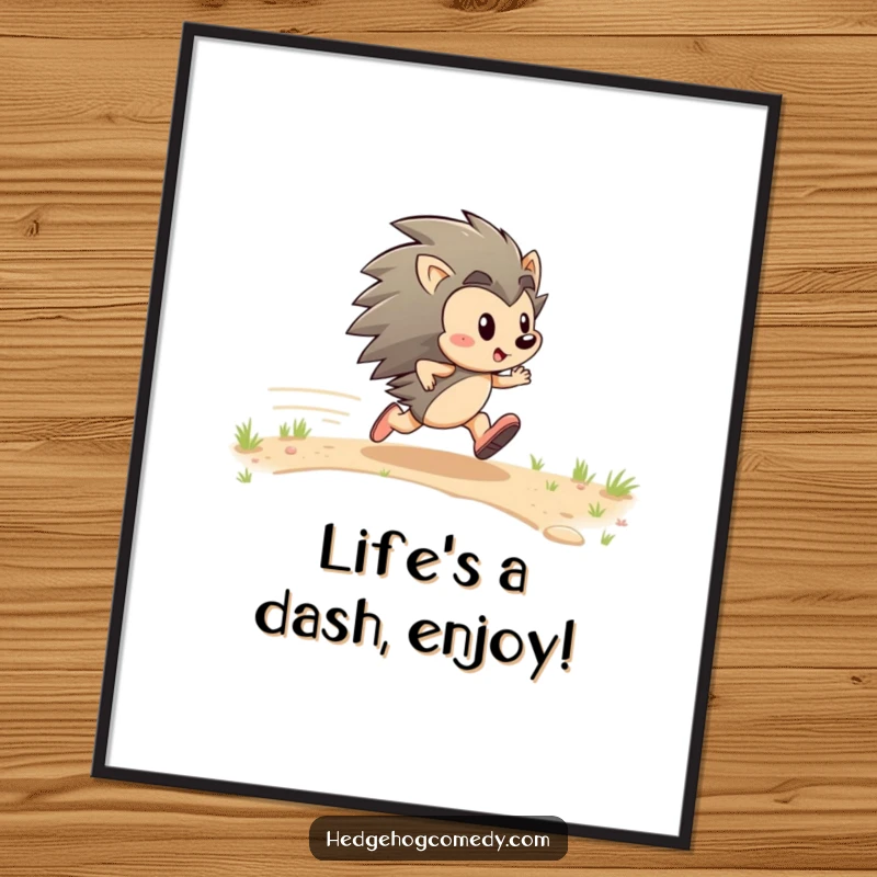 Funny Free Printable Wall Art: An energetic hedgehog zips across a path with determined glee, full of life.