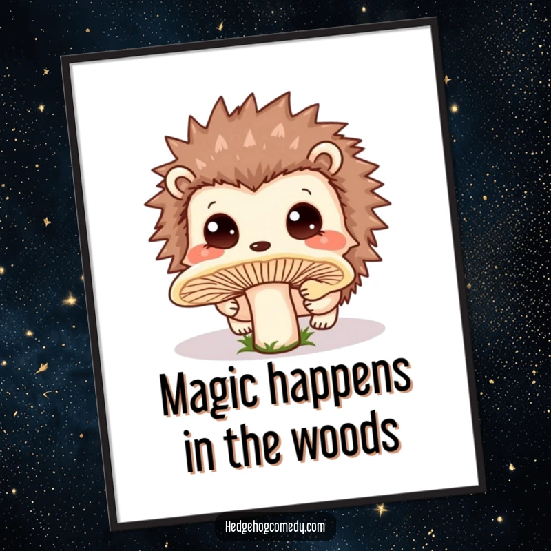 Funny Free Printable Wall Art: Kawaii hedgehog curiously sniffing a large, dewy mushroom with wide, innocent eyes.