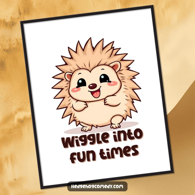 Funny Free Printable Wall Art: Kawaii hedgehog doing an energetic, joyful wiggle, unfurling its spines playfully.
