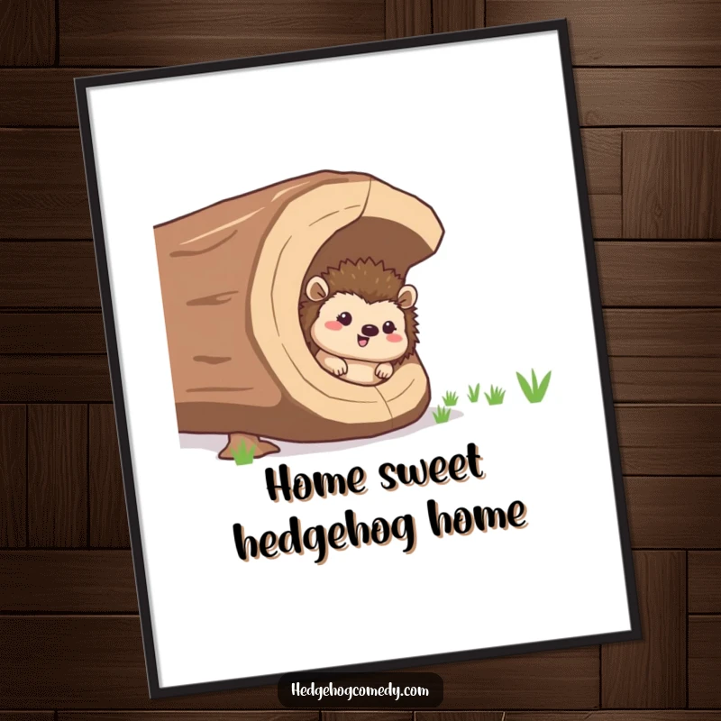 Funny Free Printable Wall Art: A giggling hedgehog peeks mischievously from a giant hollow log, creating a humorous scene.
