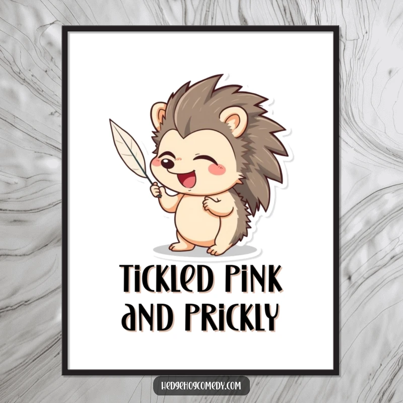 Funny Free Printable Wall Art: A hedgehog giggles hysterically while being tickled by a feather, creating a heartwarming and humorous scene.