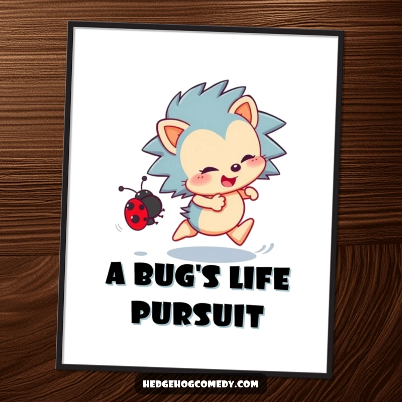 Funny Free Printable Wall Art: An enthusiastic hedgehog energetically chases a tiny ladybug through a vibrant, nature-inspired scene.