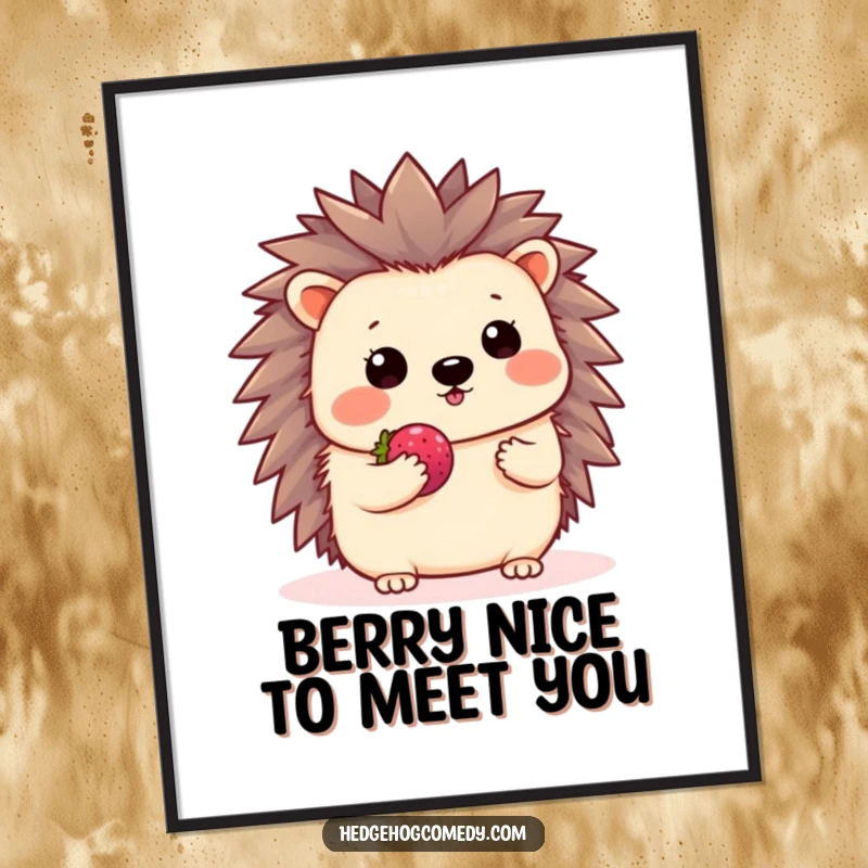 Funny Free Printable wall art of a kawaii hedgehog shyly offering a tiny berry with a wave, radiating sweetness and gentle charm, a delightful piece.