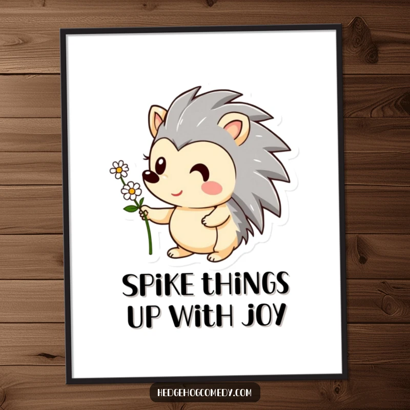 Funny Free Printable Wall Art of a smiling hedgehog offering a tiny flower, bringing joy and humor to any room.