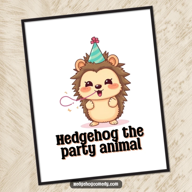Funny Free Printable Wall Art: An excited hedgehog wearing a party hat blows a streamer, bringing festive humor to any room.