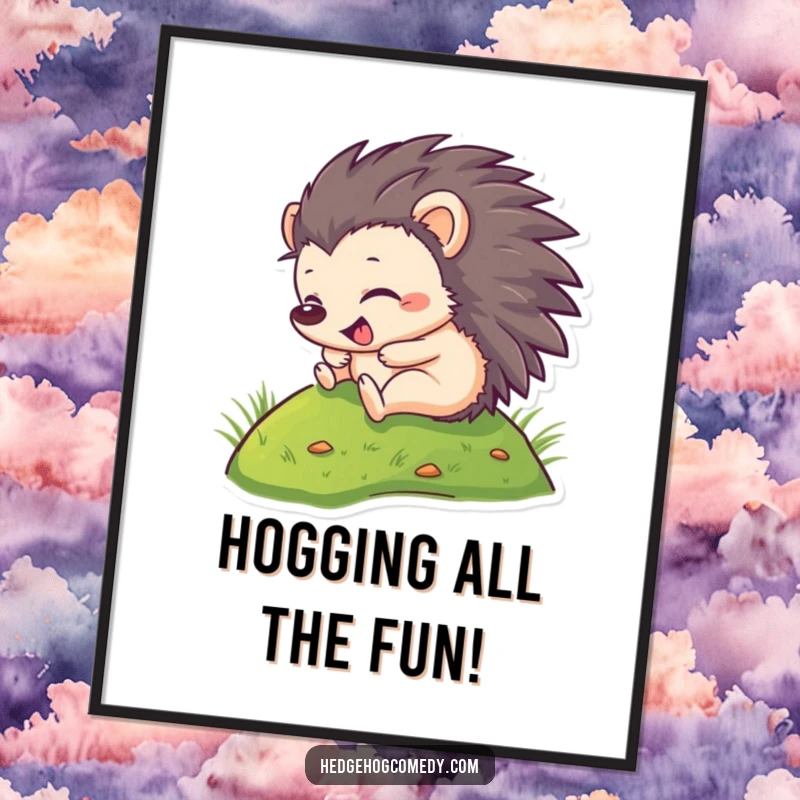 Funny Free Printable Wall Art: A cheerful hedgehog captured mid-roll down a vibrant green hill, exuding pure, unadulterated joy.