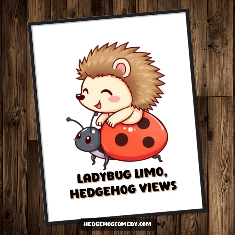 Funny Free Printable Wall Art of a happy hedgehog riding on the back of a friendly ladybug, evoking a sense of journey.