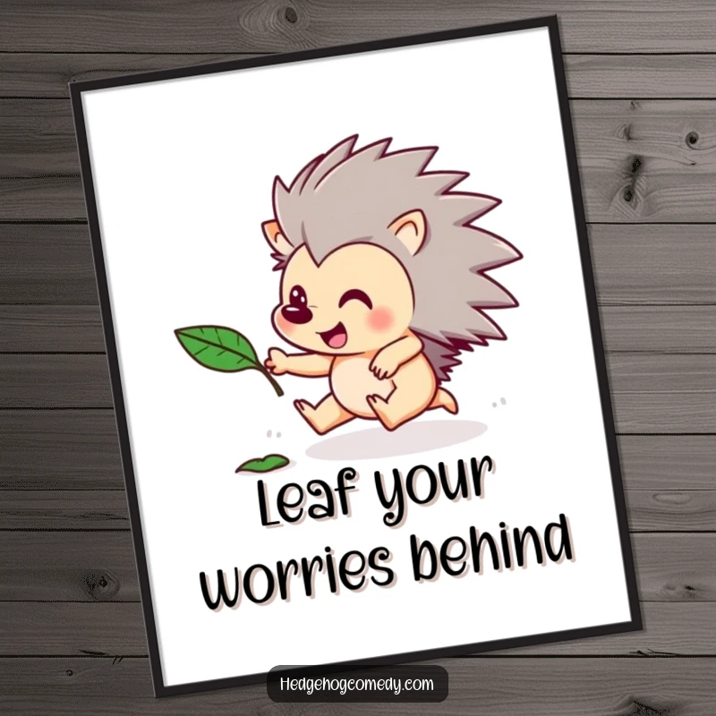 Funny Free Printable Wall Art of a hedgehog excitedly chasing a floating leaf, evoking a sense of playful movement.