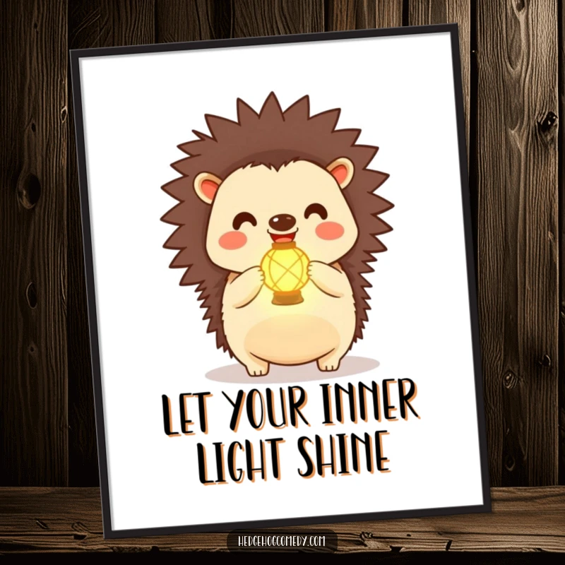 Funny Free Printable Wall Art: Kawaii hedgehog happily showcasing a tiny, glowing lantern with infectious joy.