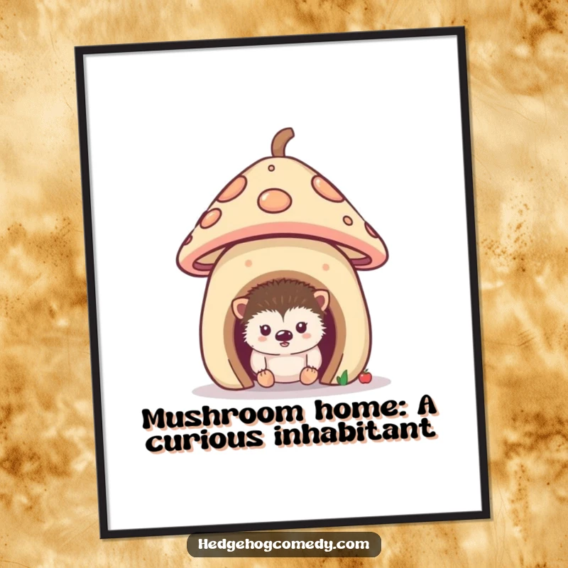 Funny Free Printable Wall Art: A curious hedgehog peeking out from a tiny, charming mushroom house, hinting at secret woodland wonders.