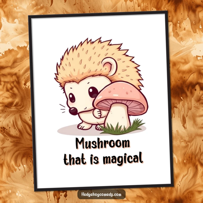 Funny Free Printable Wall Art: Kawaii hedgehog curiously sniffing mushroom with innocent eyes, great home decor.