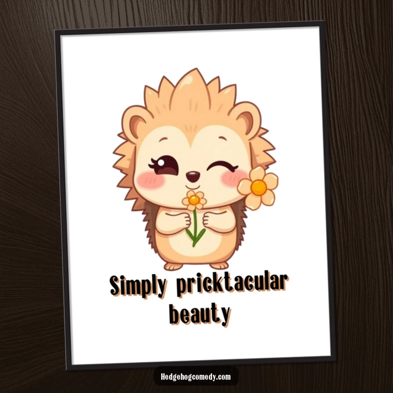 Funny Free Printable Wall Art: A shy hedgehog winks with a sweet smile, offering a flower, adding gentle humor to decor.