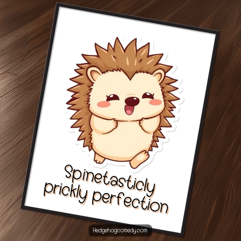Funny Free Printable Wall Art: Kawaii hedgehog playfully unfurling spines with a joyful wiggle, perfect home decor.