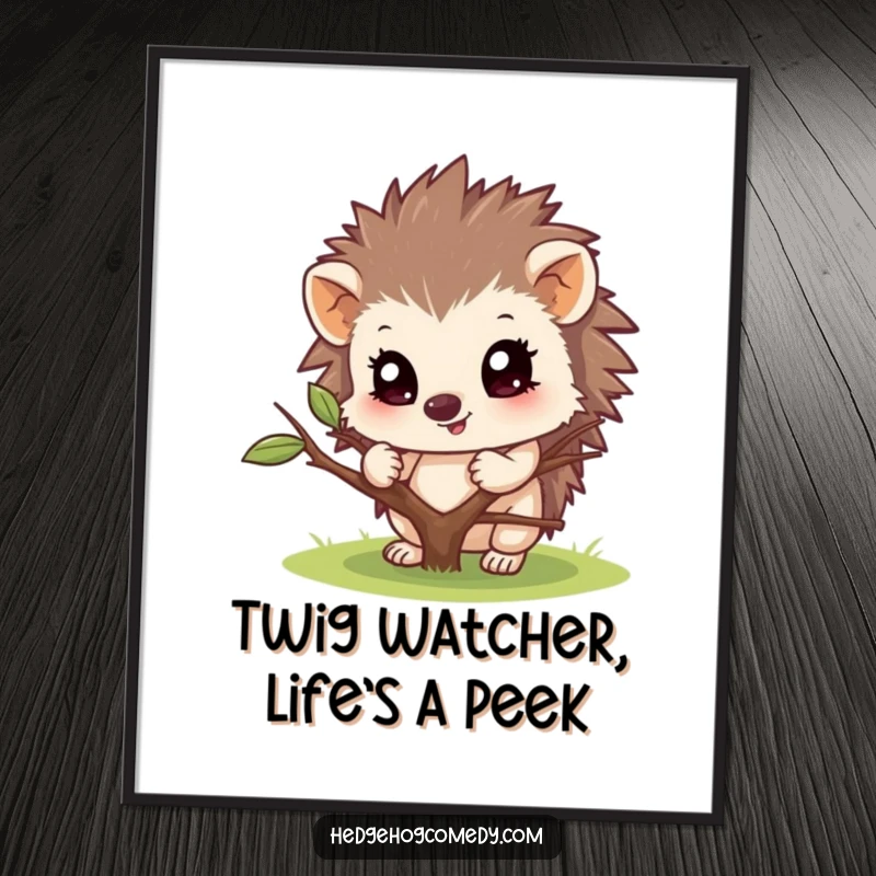Funny Free Printable Wall Art: A hedgehog peeks playfully from behind a twig, adding a whimsical touch to any room.