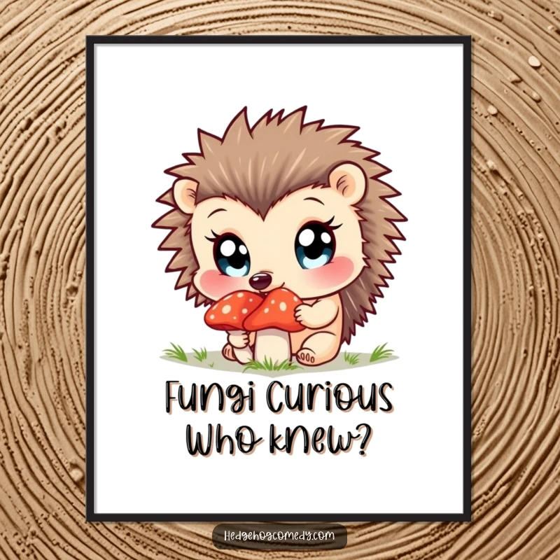Funny Free Printable Wall Art: Curious hedgehog with big, bright eyes examining a mushroom.
