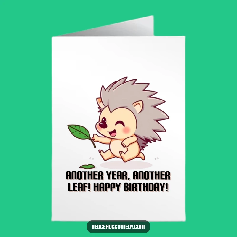 Free Printable Birthday Card: Playful Hedgehog Leaf Chase Funny Downloadable Gift