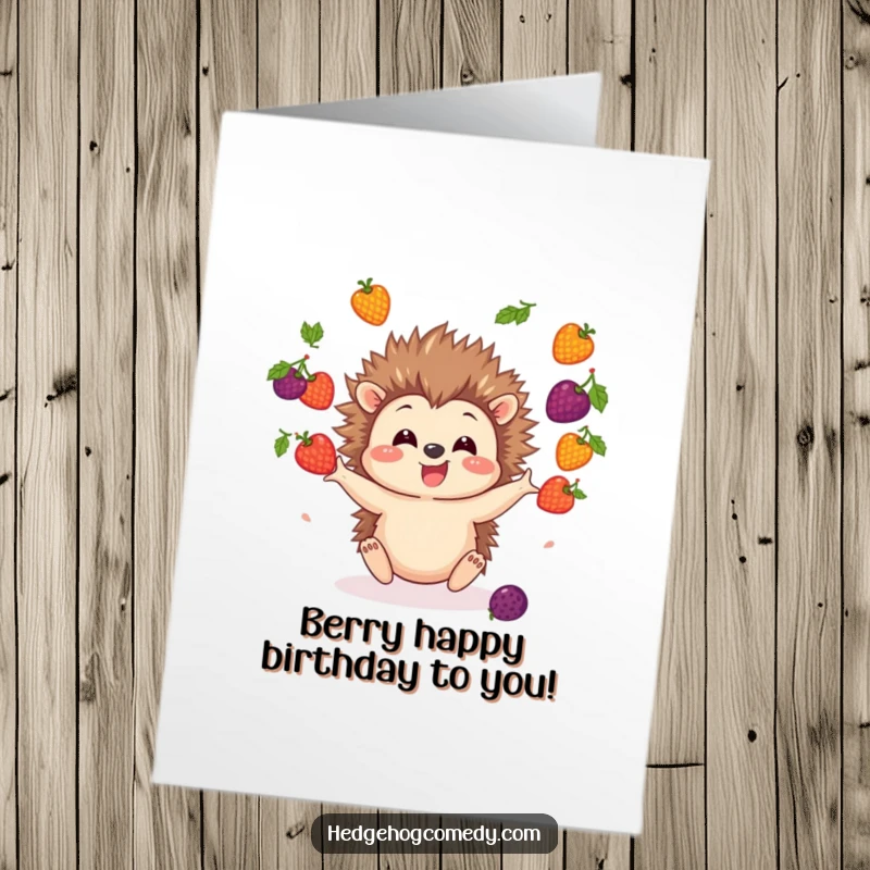 Funny Free Printable Birthday Card: A happy hedgehog excitedly juggling a mix of colorful berries, ready to party.