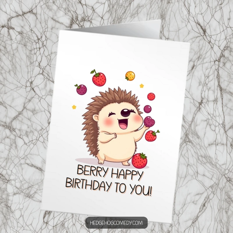 Funny Free Printable Birthday Card: Excited hedgehog expertly juggling colorful berries with its sharp quills, ready for party fun.