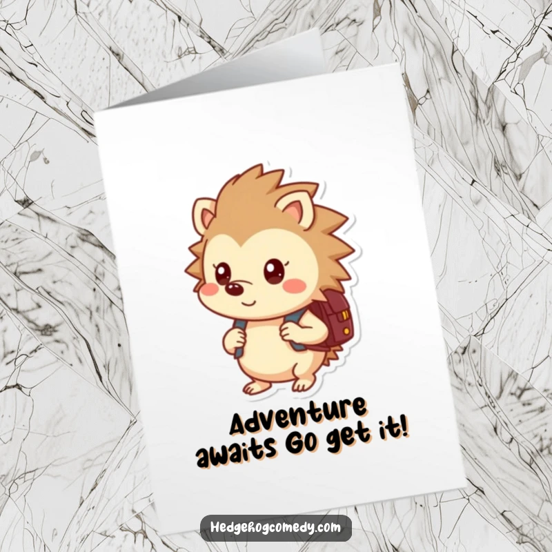 Funny Free Printable Birthday Card: A curious hedgehog with a backpack peers onward, ready for adventure, making a great DIY gift.