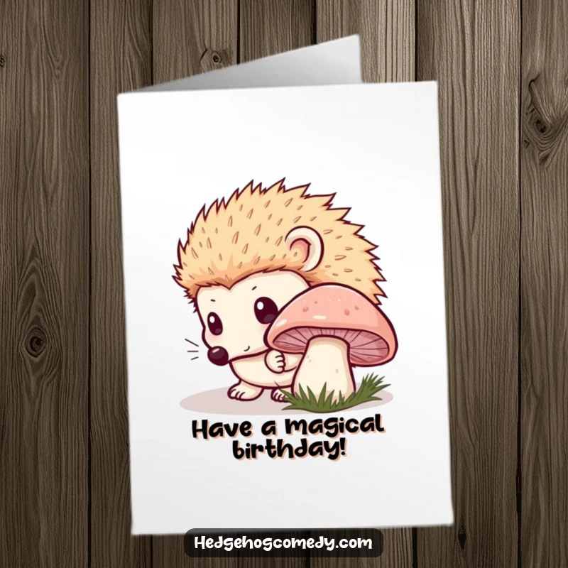 Funny Free Printable Birthday Card: Kawaii hedgehog curiously sniffing mushroom, innocent eyes, perfect DIY gift.
