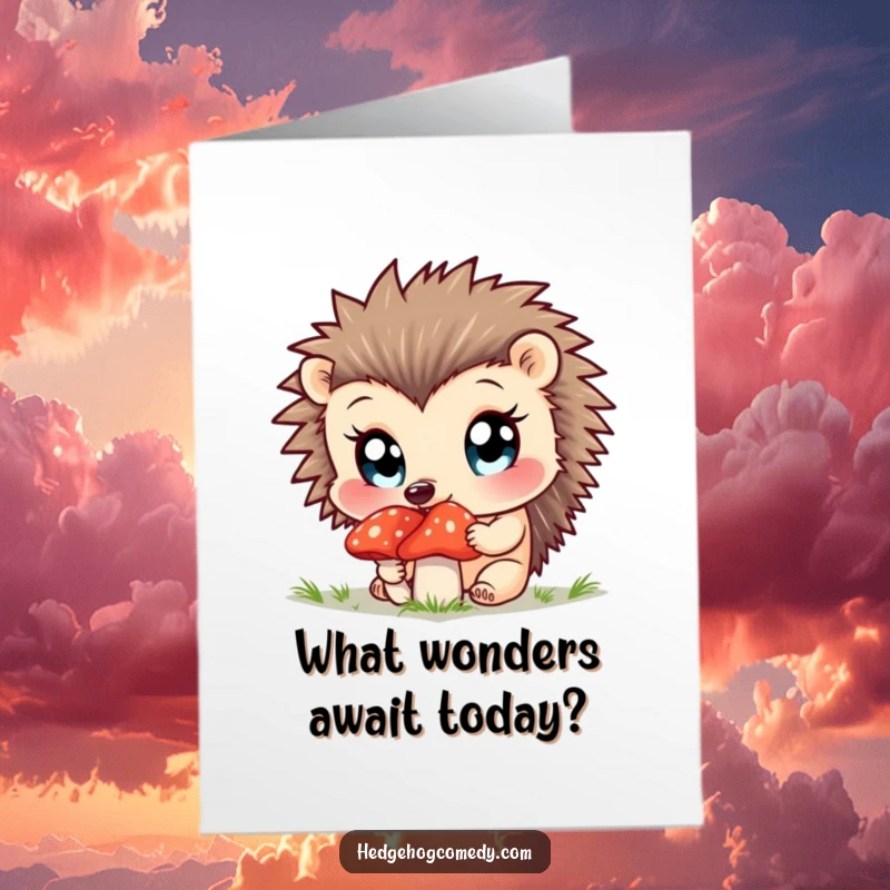 Funny Free Printable Birthday Card: Curious hedgehog with wide eyes sniffs a brightly colored mushroom.