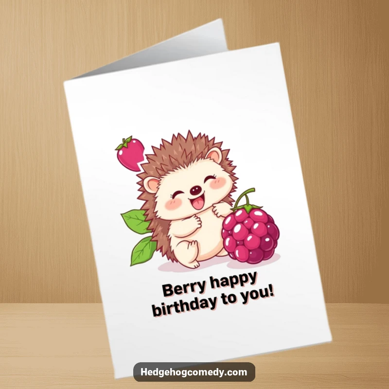Funny Free Printable Birthday Card: Cute hedgehog with a delighted expression rolling a large berry, celebrating the day.
