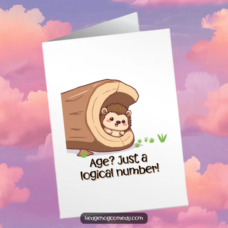 Funny Free Printable Birthday Card: Giggling hedgehog peeks from a giant hollow log, radiating mischievous birthday joy.
