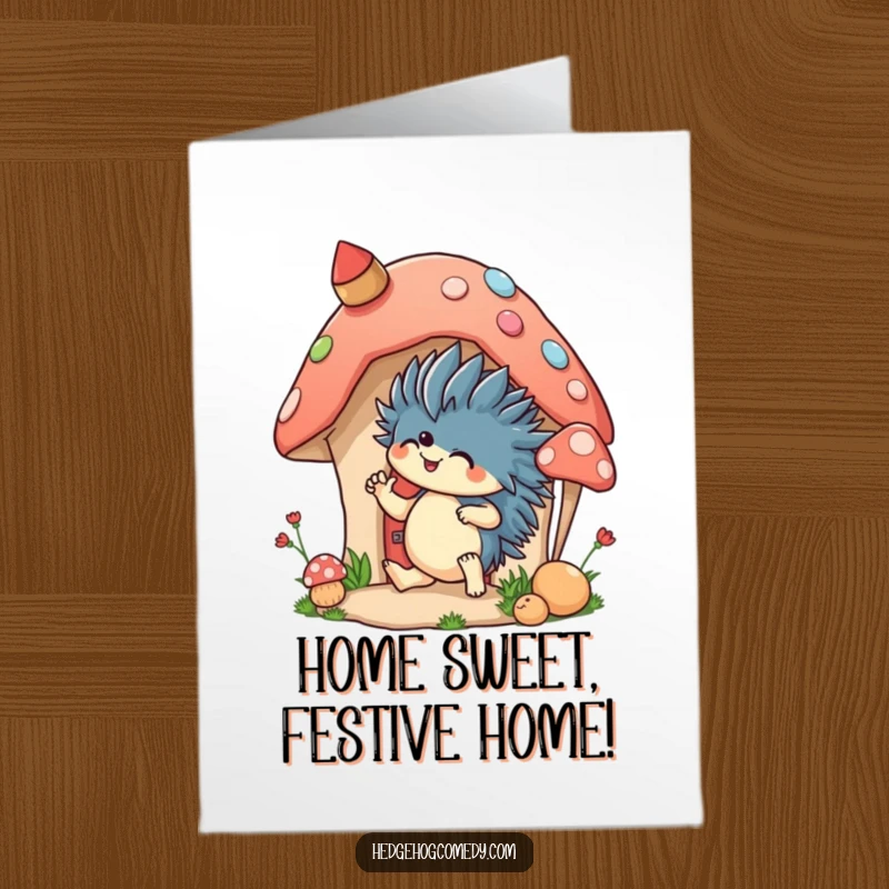 Funny Free Printable Birthday Card: An excited hedgehog enthusiastically decorates a whimsical mushroom house, ideal for a DIY gift.