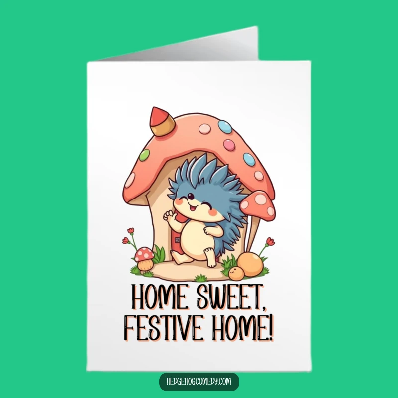 Free Printable Birthday Card: Hedgehog Decorating Mushroom House Funny Downloadable Greeting
