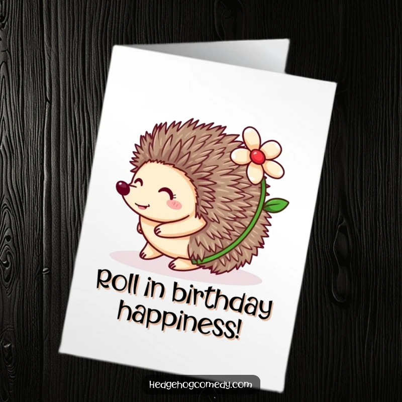 Funny Free Printable Birthday Card: Happy hedgehog rolling with a flower, radiating joy and birthday cheer.