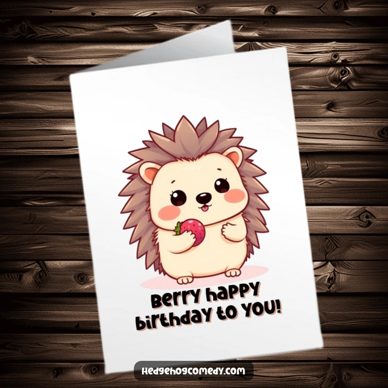 Funny Free Printable birthday card featuring a kawaii hedgehog shyly offering a tiny berry with a wave, conveying sweet and humble birthday greetings.