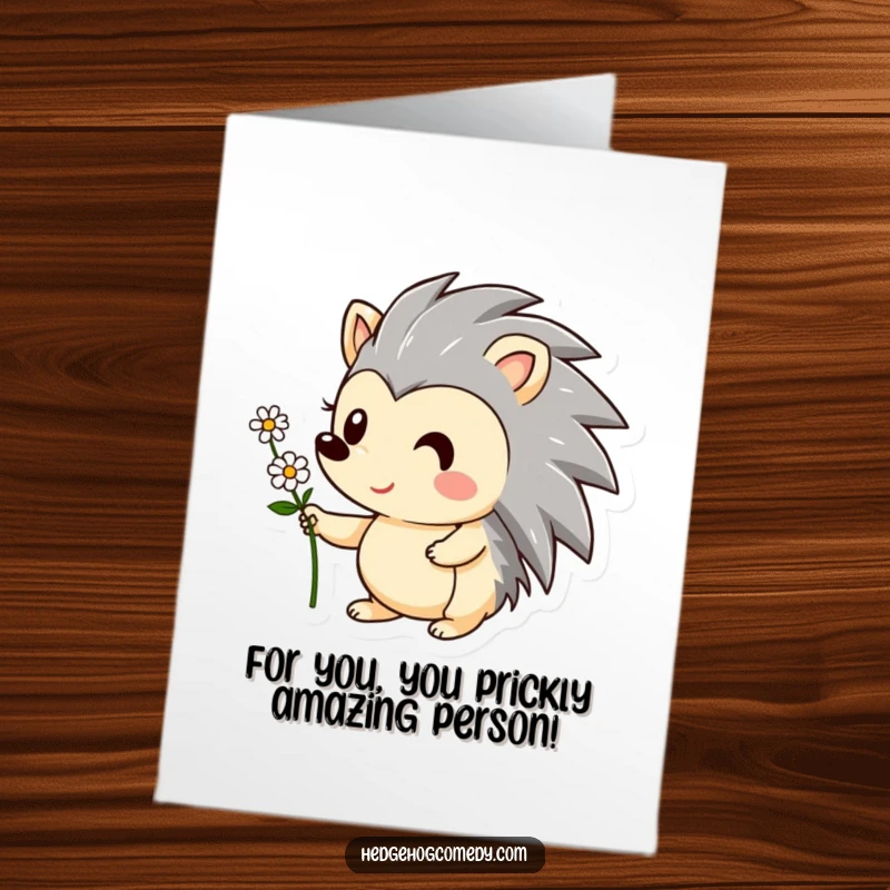 Funny Free Printable Birthday Card featuring a smiling hedgehog holding a small flower, perfect for a sweet and humorous celebration.
