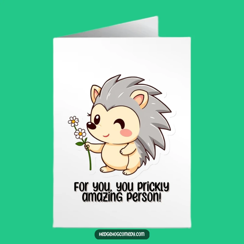 Free Printable Birthday Card: Smiling Hedgehog Flower Surprise Funny Downloadable Gift