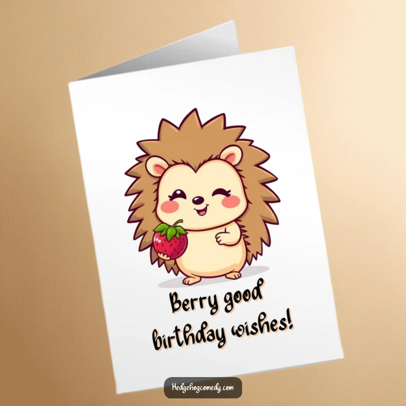 Funny free printable birthday card: A cheerful hedgehog character offering a bright red berry with a warm smile.
