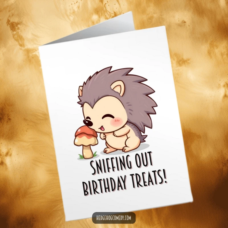 Funny Free Printable Birthday Card featuring a happy hedgehog excitedly sniffing a colorful mushroom, perfect for a nature lover.