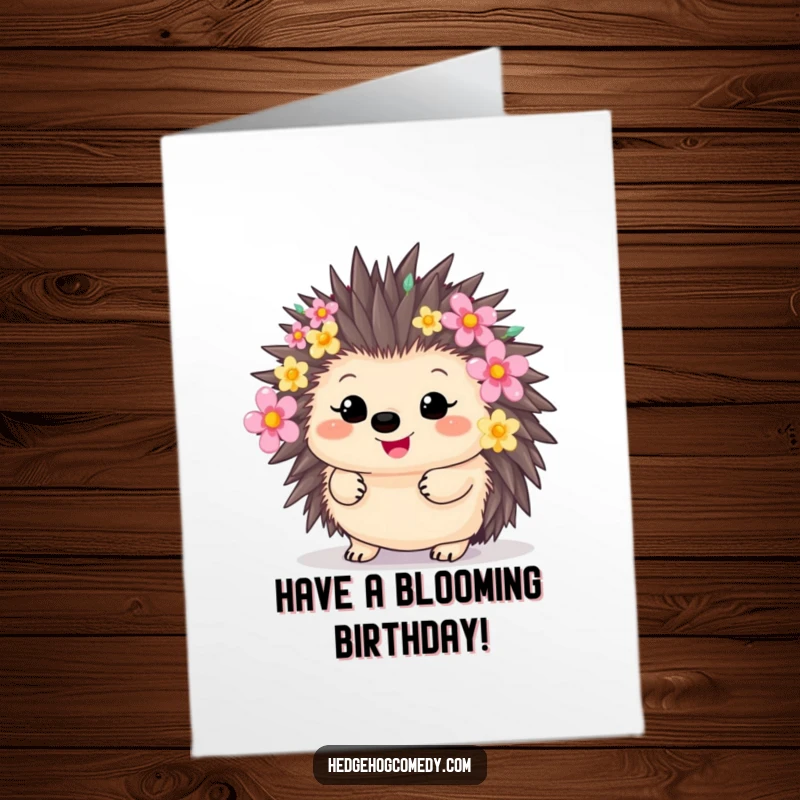 Funny Free Printable Birthday Card: A happy kawaii hedgehog with quills decorated in vibrant, colorful flowers.