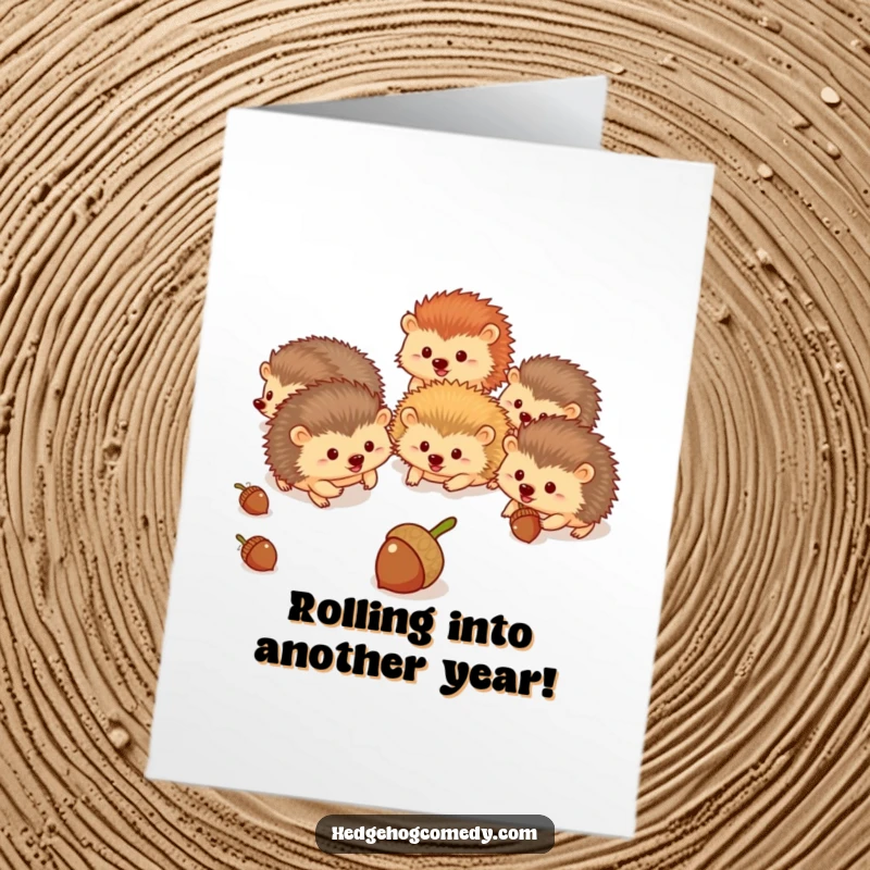 Funny Free Printable Birthday Card: Hedgehogs gleefully chase rolling acorns in a hilarious woodland pursuit.