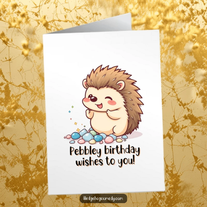 Funny Free Printable Birthday Card: Kawaii hedgehog excitedly showing off tiny, sparkling pebbles with enthusiasm.