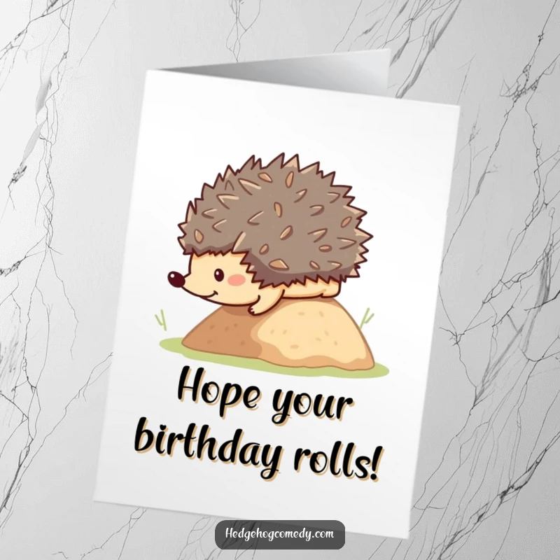 Funny Free Printable Birthday Card: A cute kawaii hedgehog hilariously tumbling down a small hill, spreading cheer.