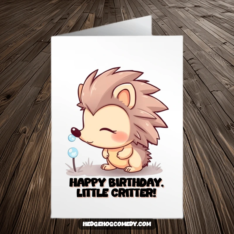 Funny Free Printable Birthday Card: Cute hedgehog looking with curiosity at a single, sparkling dewdrop, a gentle birthday wish.