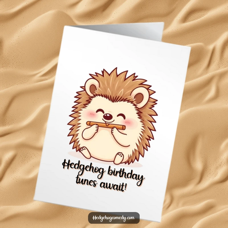 Funny Free Printable Birthday Card depicting a joyful hedgehog charmingly playing a tiny flute, ready to celebrate.