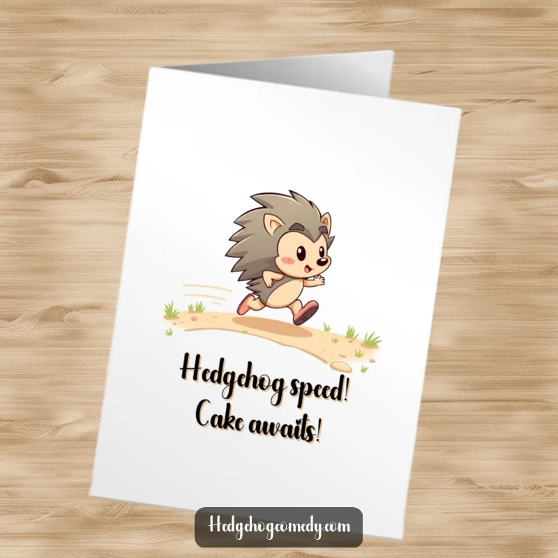 Funny Free Printable Birthday Card featuring an energetic hedgehog zipping with determined glee across a path.