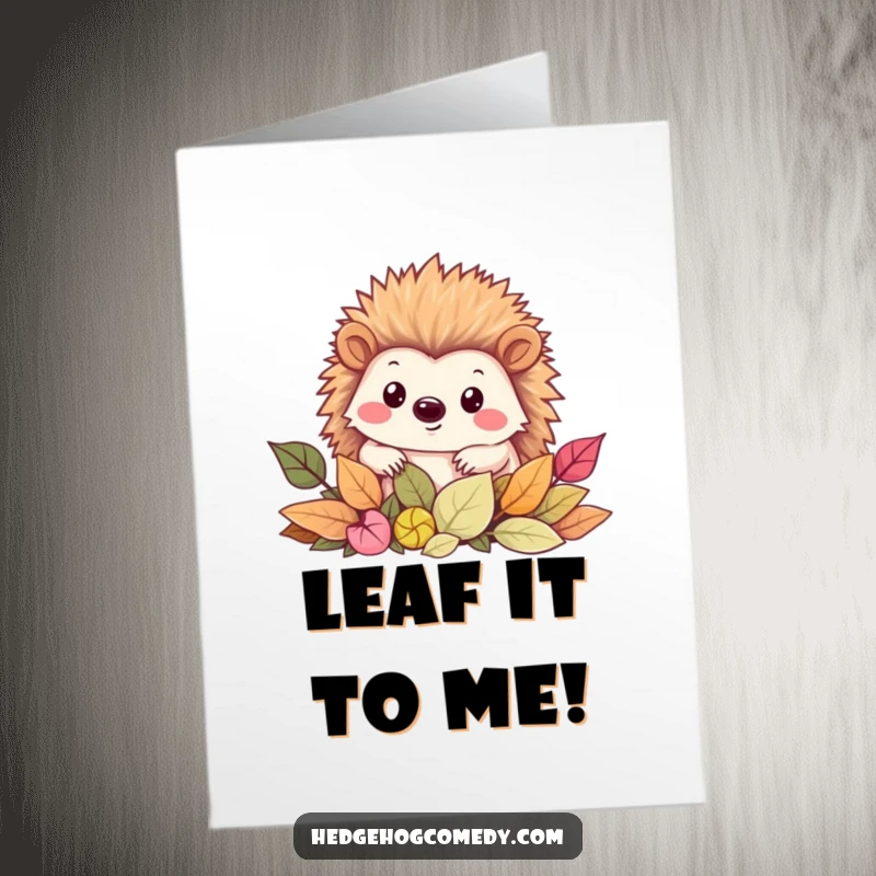 Funny Free Printable Birthday Card: Kawaii hedgehog curiously peeking from leaves, smiling sweetly.