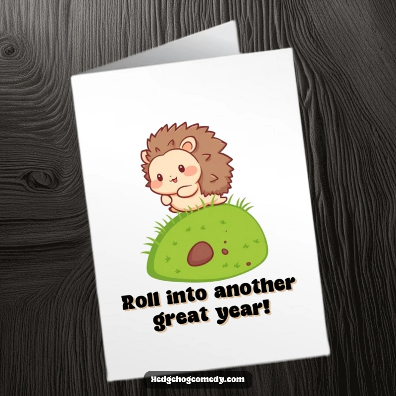 Funny Free Printable Birthday Card: A cute kawaii hedgehog joyfully rolling down a green grassy hill, celebrating.