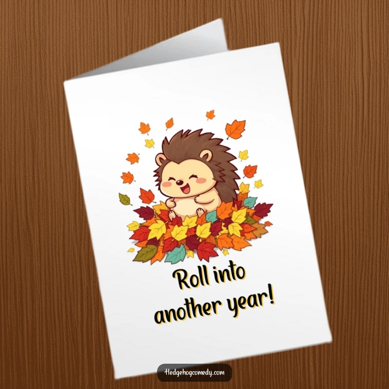 Funny Free Printable Birthday Card: Happy hedgehog joyfully rolling in a vibrant pile of colorful autumn leaves.