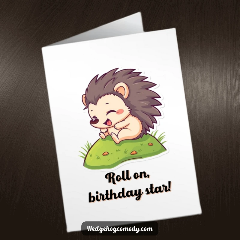 Funny Free Printable Hedgehog Birthday Card: A happy hedgehog gleefully rolling down a green grassy hill, ready for birthday laughs.