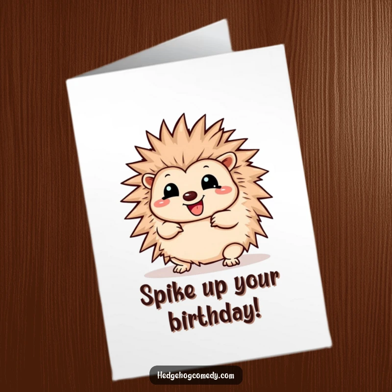 Funny Free Printable Birthday Card: Kawaii hedgehog doing a joyful, energetic wiggle, unfurling spines playfully.